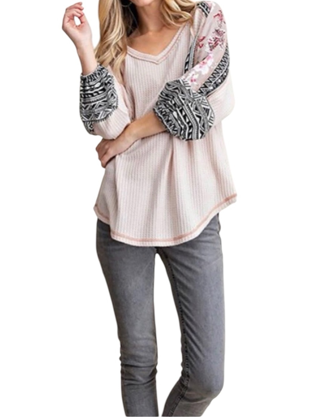 Kori Thermal Waffle Knit Mixed Print Tunic Top Blush Pink Size Large - Picture 3 of 8